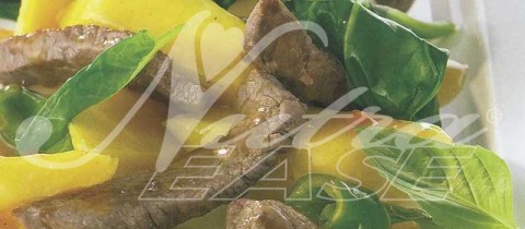 Ternera Salteada con Espinacas y Mango
